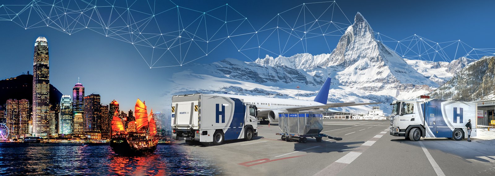 Visualisiertes Helveticor-Banner mit Sicherheitsfahrzeugen am Flughafen vor dem Matterhorn, kombiniert mit Skyline und Dschunke in Hongkong