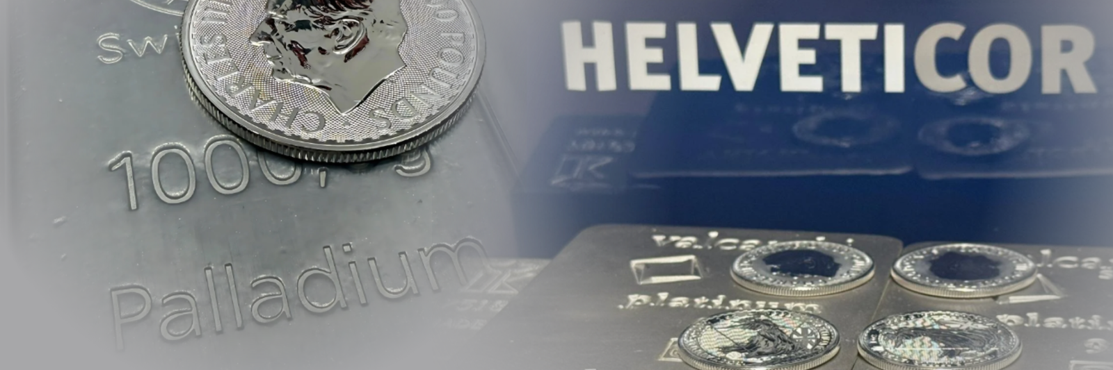 Palladiumbarren und Platinbarren mit Anlagemünzen vor Helveticor-Hintergrund, Fokus auf hochwertiger Edelmetalllagerung