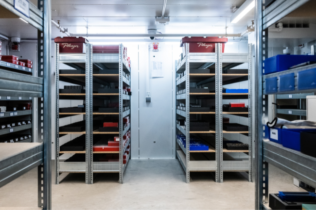 Blick in ein sicheres Edelmetalllager mit strukturierten Regalen und beschrifteten Aufbewahrungsboxen