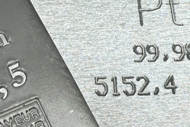Detailaufnahme zweier Platinbarren mit sichtbarer Feinheitsprägung von 99,95 % und einem Gewicht von über 5 kg