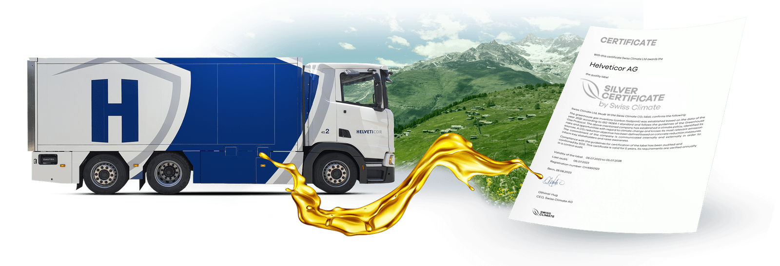 Symbolbild: Helveticor-Sicherheitsfahrzeug neben Swiss Climate Zertifikat mit Goldflüssigkeit – Visualisierung der CO₂-Reduktion